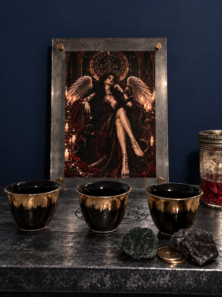 The altar of Goddess Lilith with candles, gold-rimmed offering cups and stones